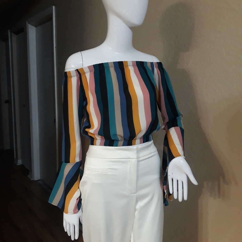 Blue Blush Striped crop top/ Bell cuffs